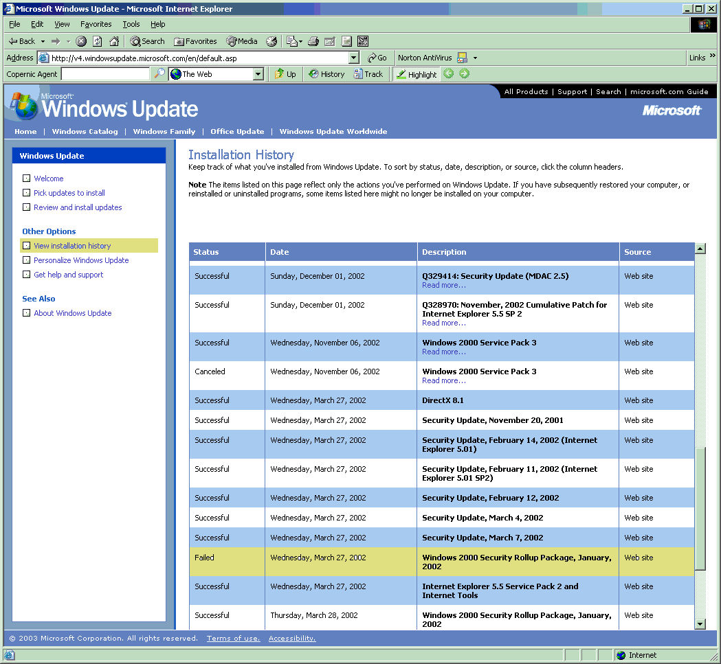 MS Windows Update Failure - Click for larger image